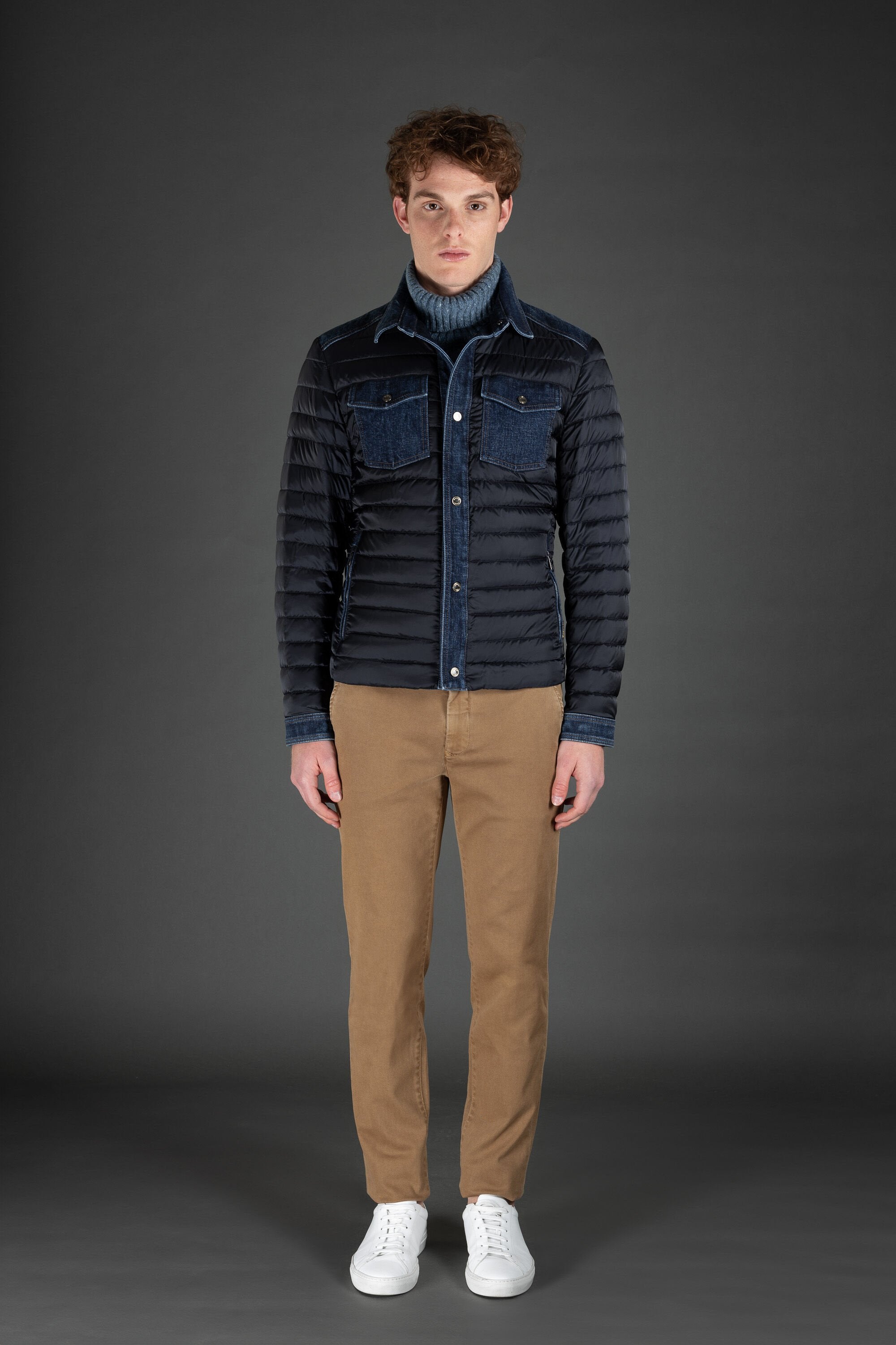 MOORER MEN'S NAVY QUILTED JACKET WITH DENIM ACCENTS