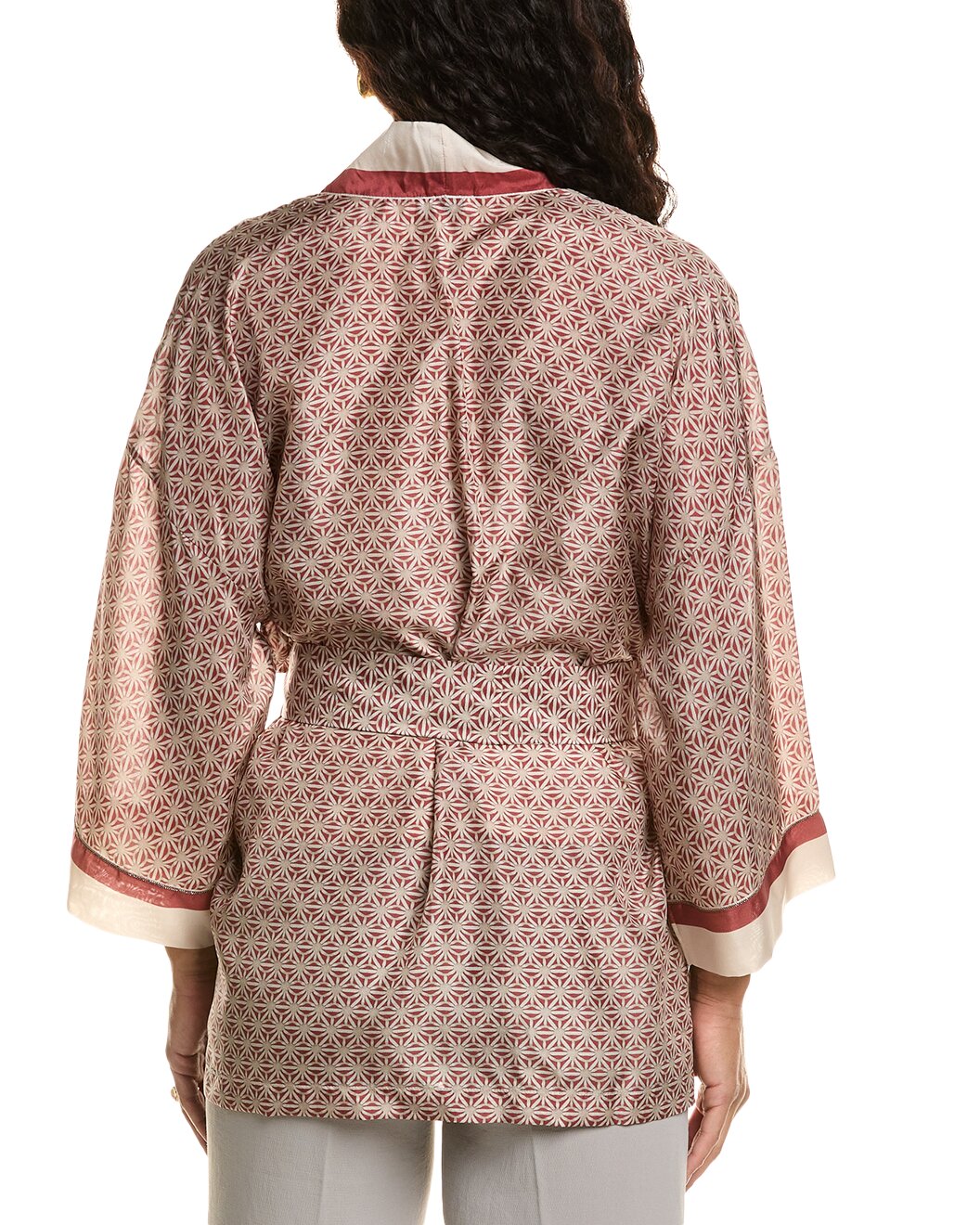 BRUNELLO CUCINELLI WOMEN'S RED BEIGE PATTERNED KIMONO-STYLE BLOUSE