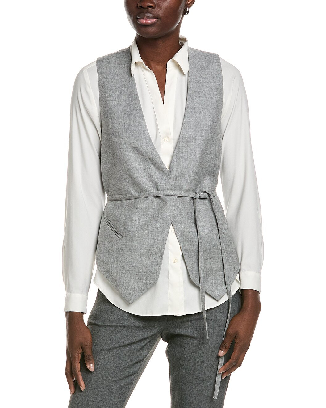 BRUNELLO CUCINELLI WOMEN'S LIGHT GRAY TAILORED VEST WITH TIE
