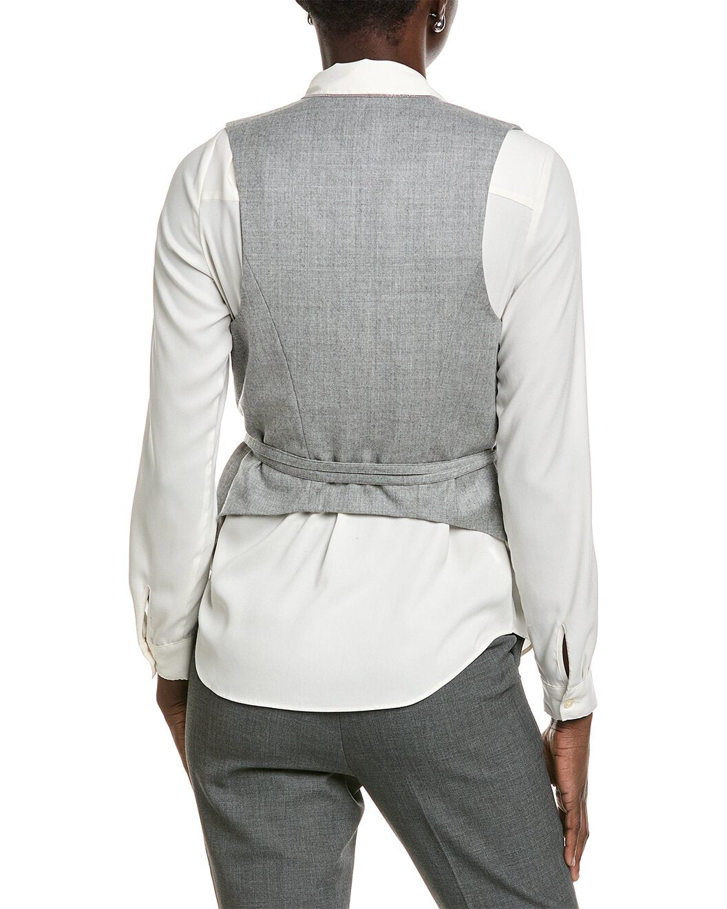 BRUNELLO CUCINELLI WOMEN'S LIGHT GRAY TAILORED VEST WITH TIE