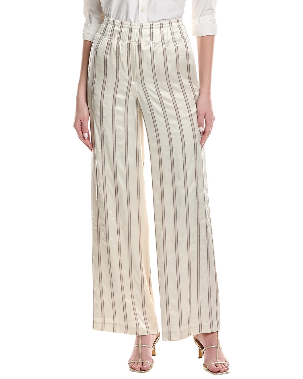 BRUNELLO CUCINELLI WOMEN'S WARM WHITE STRIPED WIDE-LEG TROUSERS