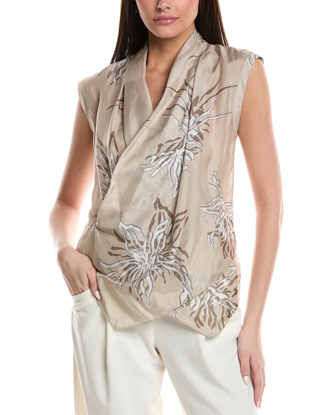 BRUNELLO CUCINELLI WOMEN'S BEIGE SILK DRAPED BLOUSE