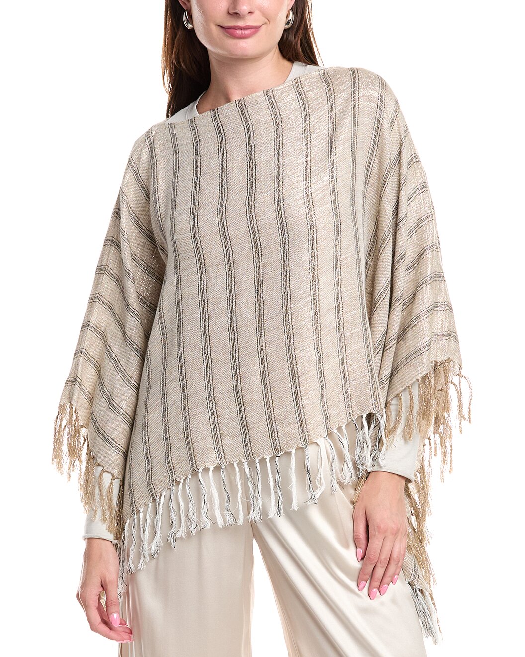 BRUNELLO CUCINELLI WOMEN'S BEIGE STRIPED PONCHO WITH FRINGE