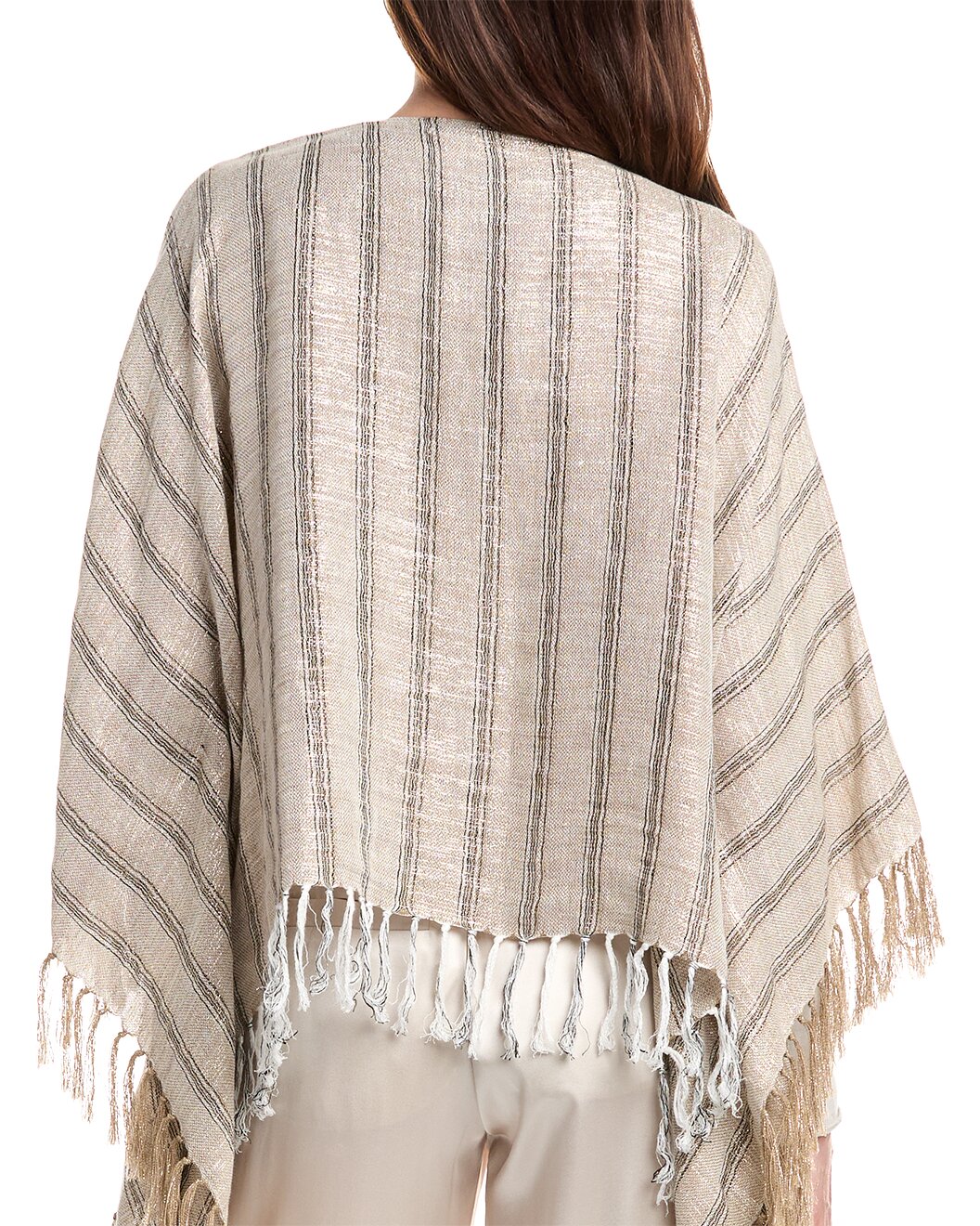 BRUNELLO CUCINELLI WOMEN'S BEIGE STRIPED PONCHO WITH FRINGE