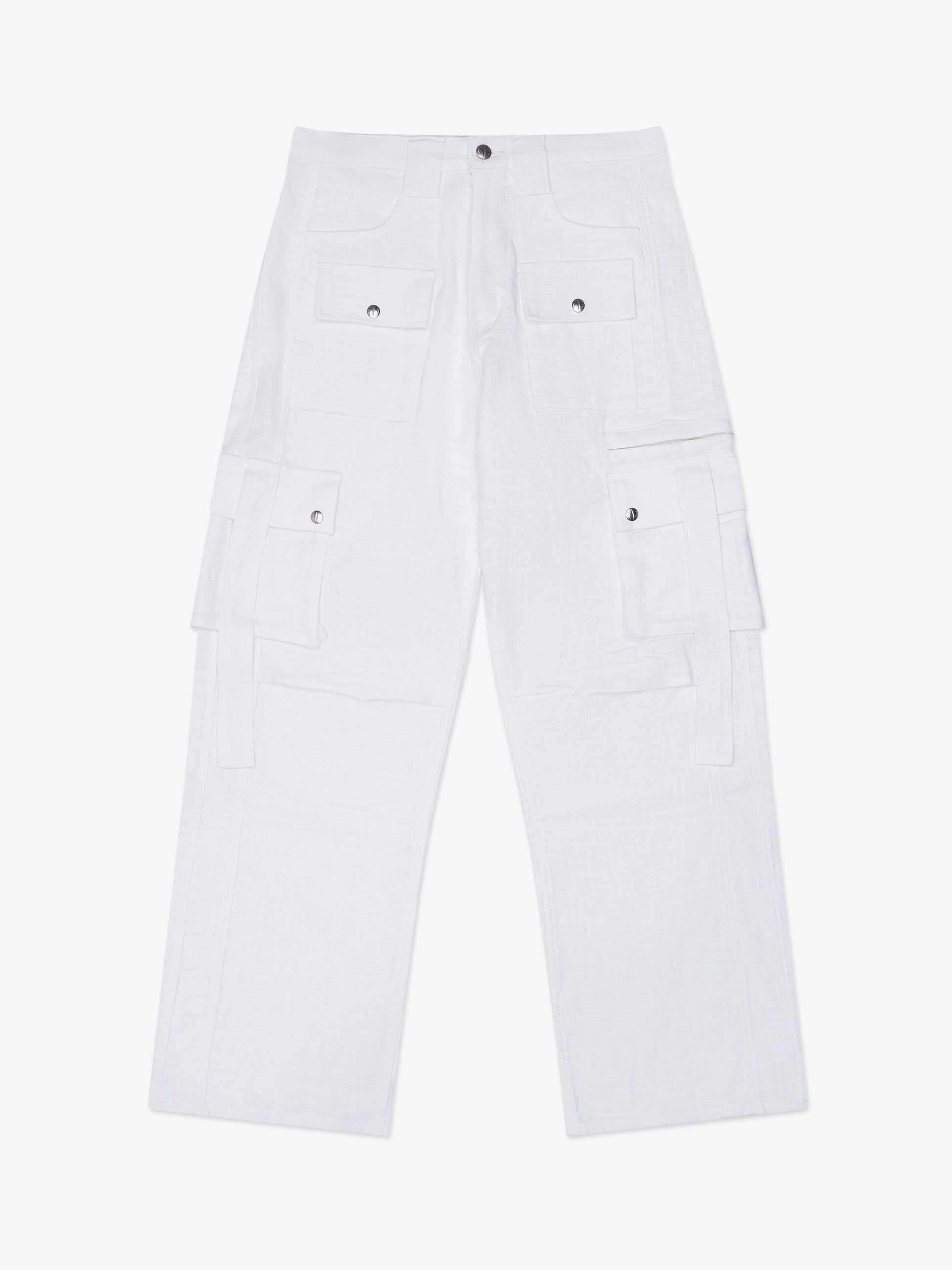 RHUDE MEN'S WHITE LINEN CARGO TROUSERS