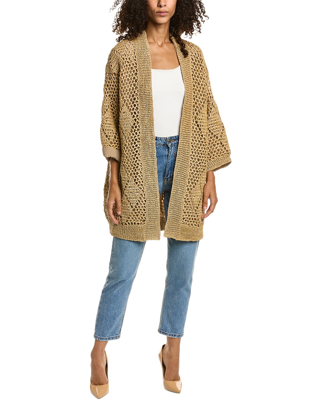 BRUNELLO CUCINELLI WOMEN'S BEIGE OPEN-KNIT LONG CARDIGAN