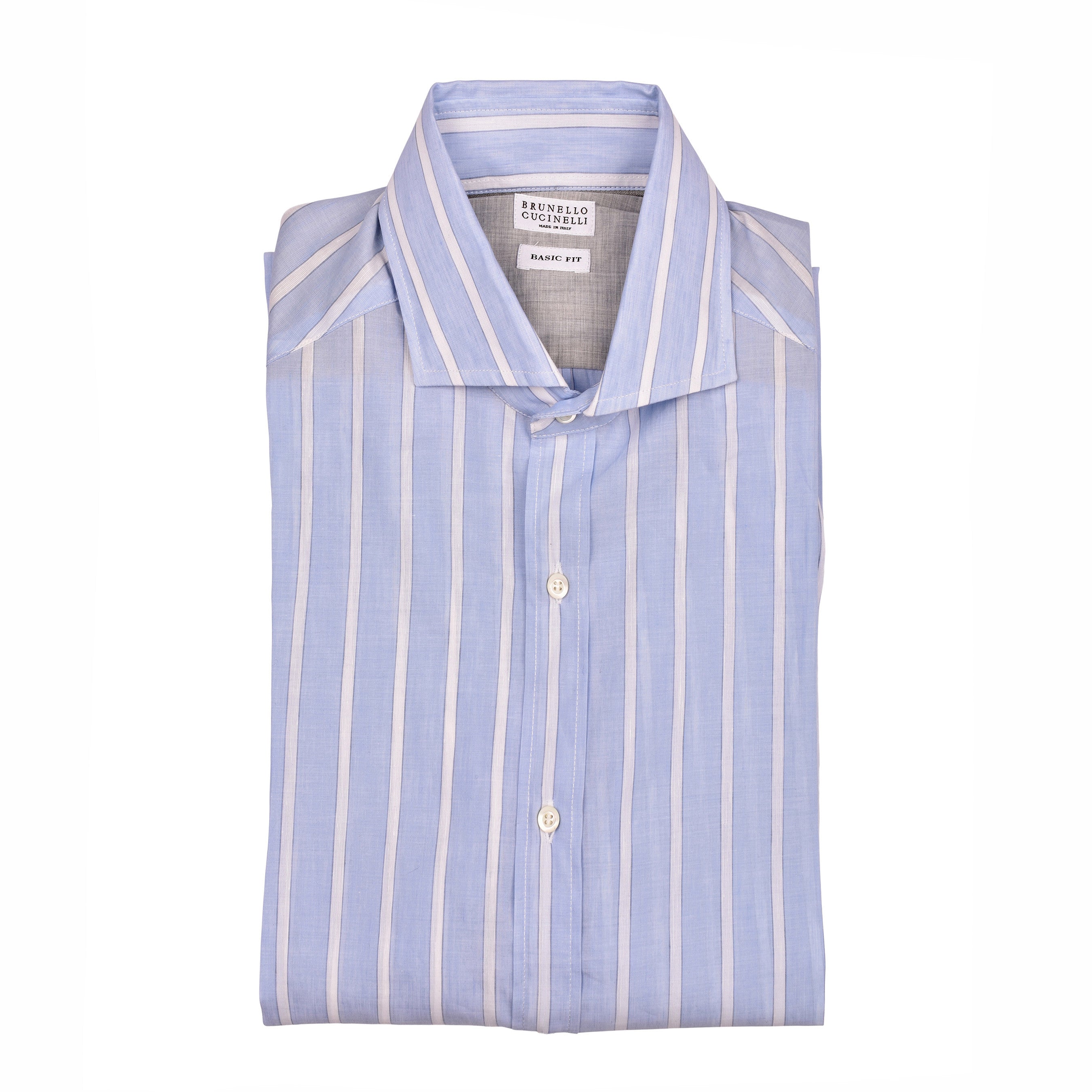 BRUNELLO CUCINELLI MEN'S LIGHT BLUE STRIPED LINEN BLEND SHIRT