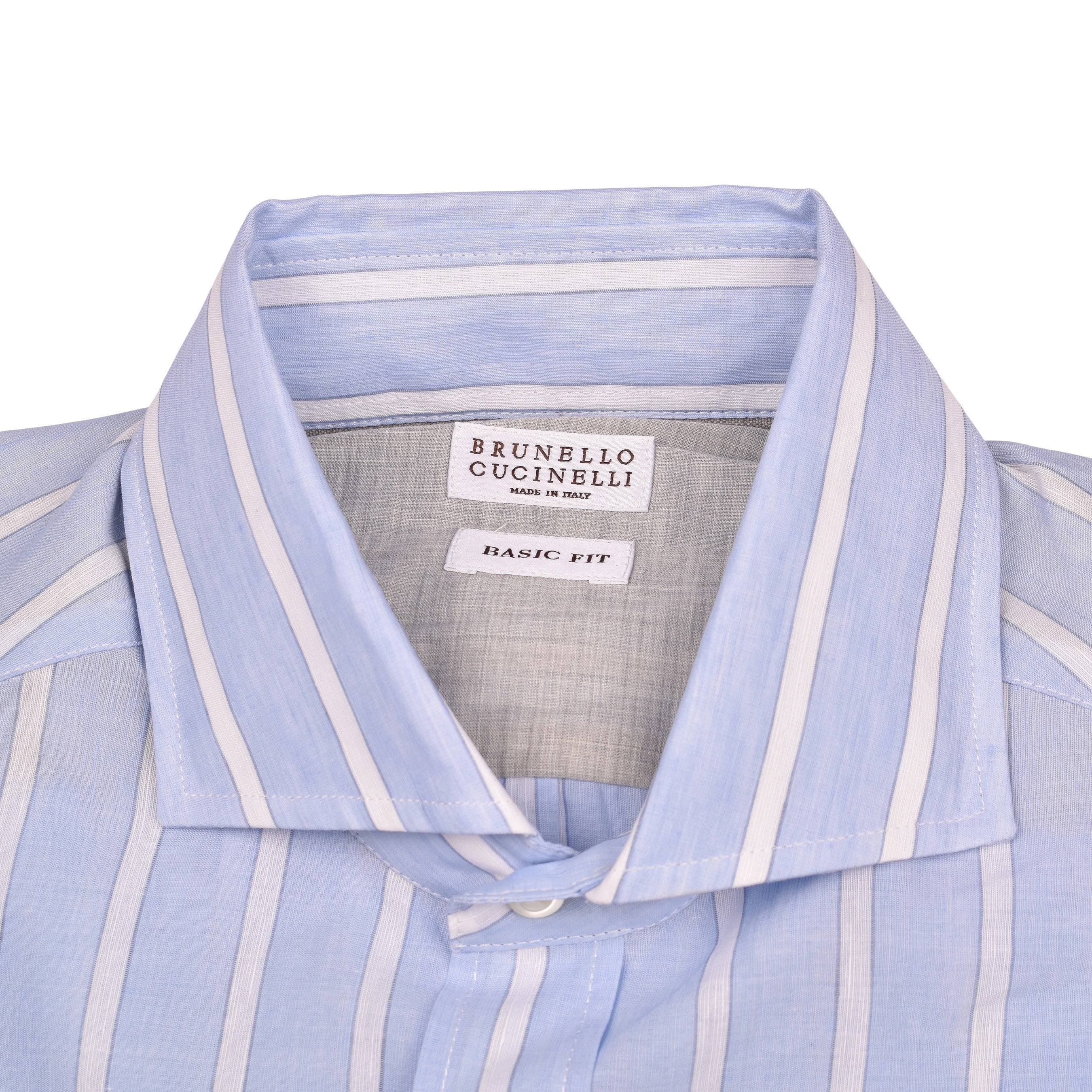 BRUNELLO CUCINELLI MEN'S LIGHT BLUE STRIPED LINEN BLEND SHIRT