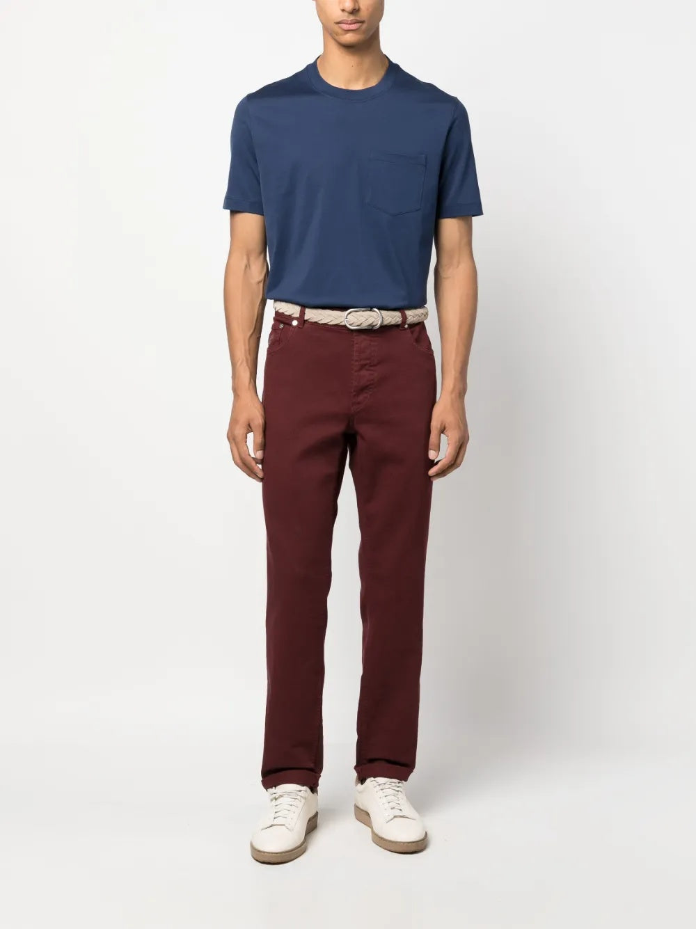 BRUNELLO CUCINELLI MEN'S BURGUNDY STRAIGHT-LEG TROUSERS