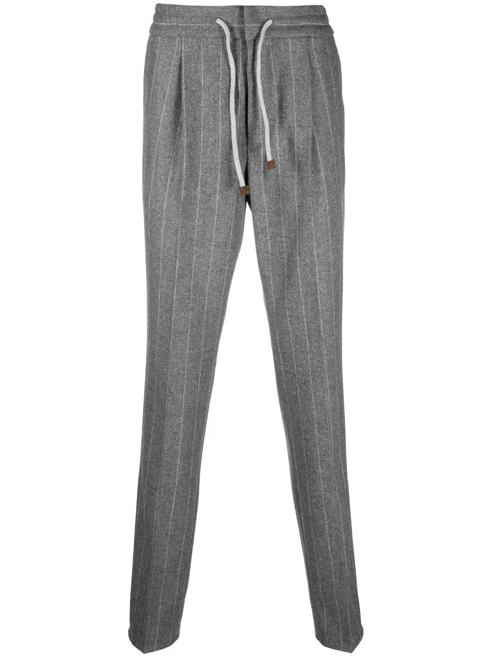 BRUNELLO CUCINELLI MEN'S GRAY PINSTRIPE DRAWSTRING TROUSERS