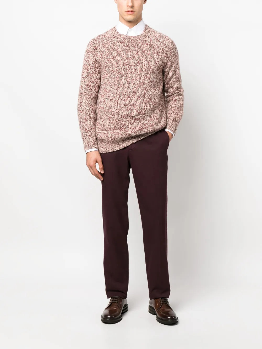 BRUNELLO CUCINELLI MEN'S MARLED RED CREWNECK KNIT SWEATER
