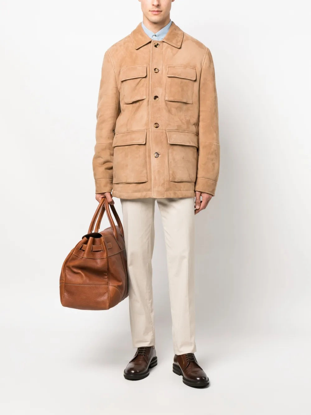 BRUNELLO CUCINELLI MEN'S TAN SUEDE UTILITY JACKET