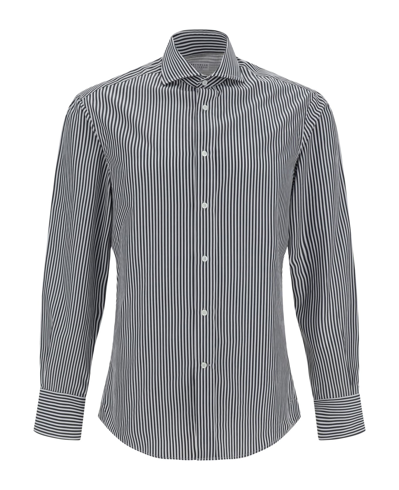 BRUNELLO CUCINELLI MEN'S BLACK AND WHITE STRIPED SHIRT