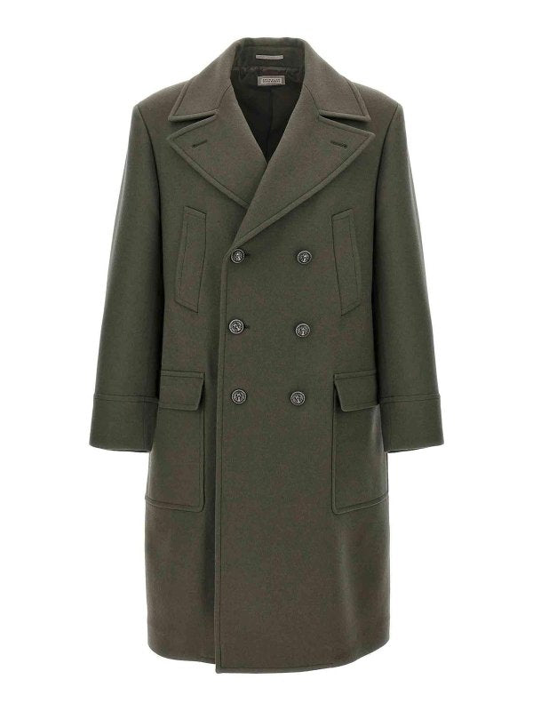BRUNELLO CUCINELLI MEN'S MILITARY GREEN DOUBLE-BREASTED OVERCOAT