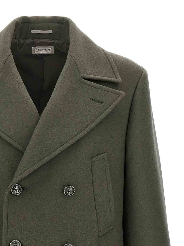 BRUNELLO CUCINELLI MEN'S MILITARY GREEN DOUBLE-BREASTED OVERCOAT