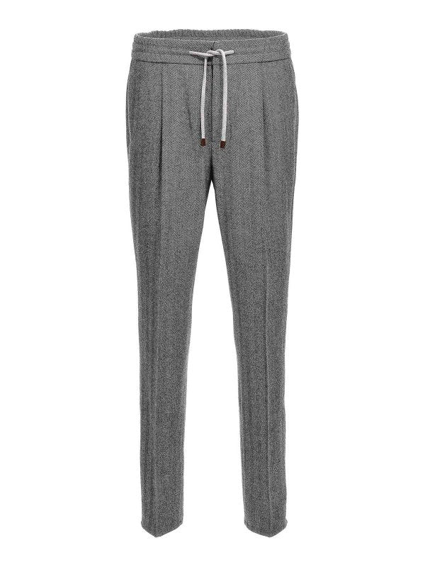 BRUNELLO CUCINELLI MEN'S MEDIUM GREY HERRINGBONE DRAWSTRING TROUSERS