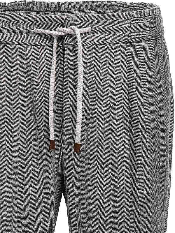 BRUNELLO CUCINELLI MEN'S MEDIUM GREY HERRINGBONE DRAWSTRING TROUSERS