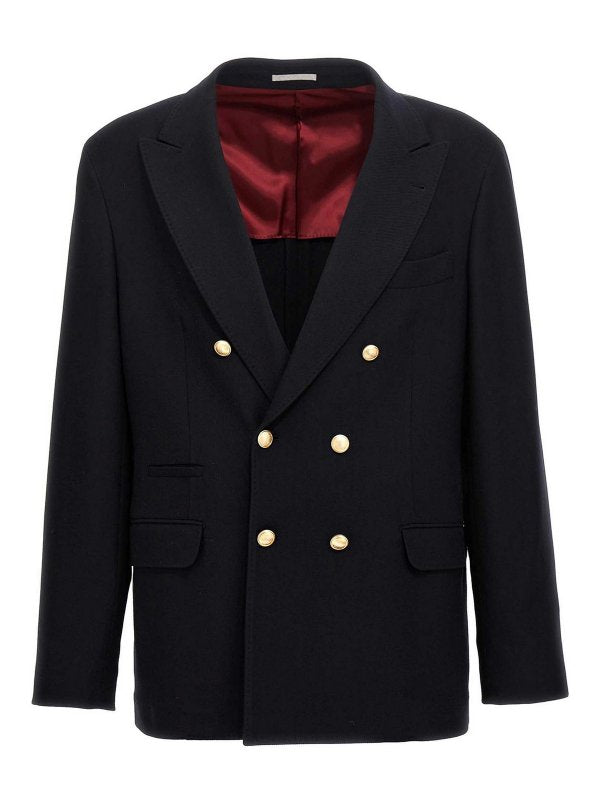 BRUNELLO CUCINELLI MEN'S NAVY DOUBLE-BREASTED BLAZER WITH BUTTONS