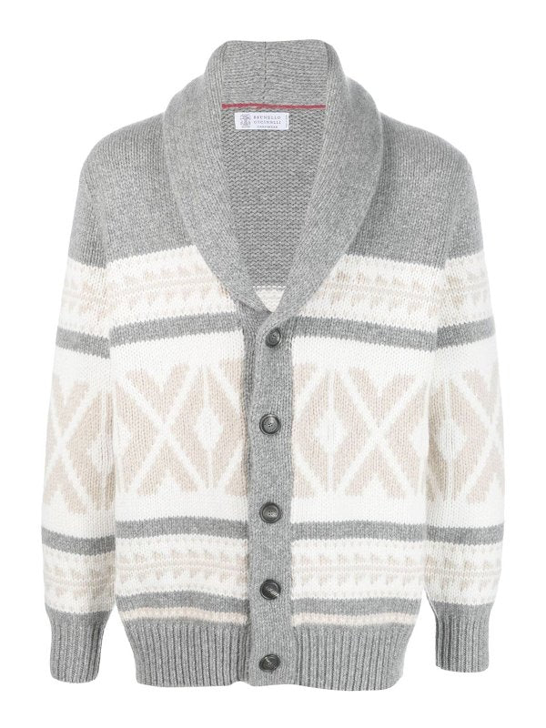 BRUNELLO CUCINELLI MEN'S LIGHT GREY PATTERNED SHAWL CARDIGAN