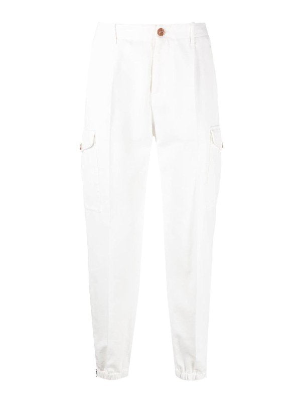 BRUNELLO CUCINELLI MEN'S WHITE CARGO TROUSERS WITH ELASTIC CUFFS