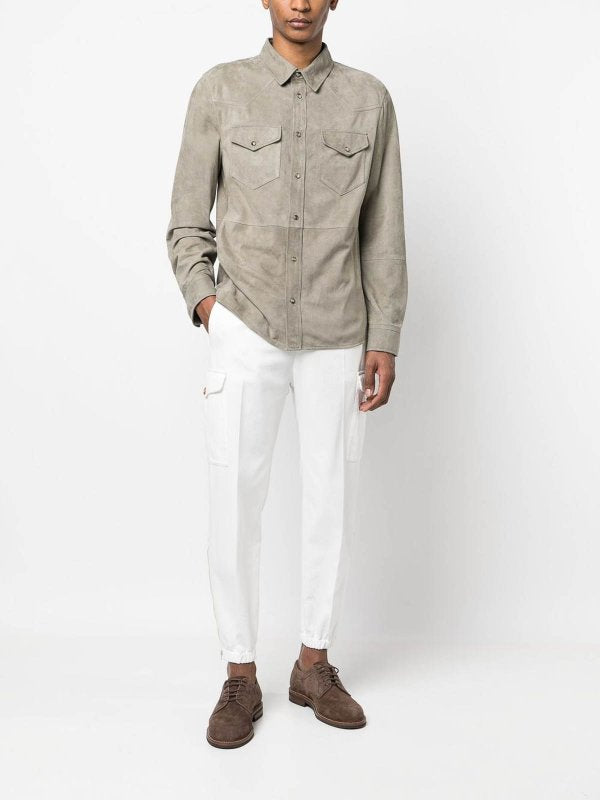 BRUNELLO CUCINELLI MEN'S WHITE CARGO TROUSERS WITH ELASTIC CUFFS