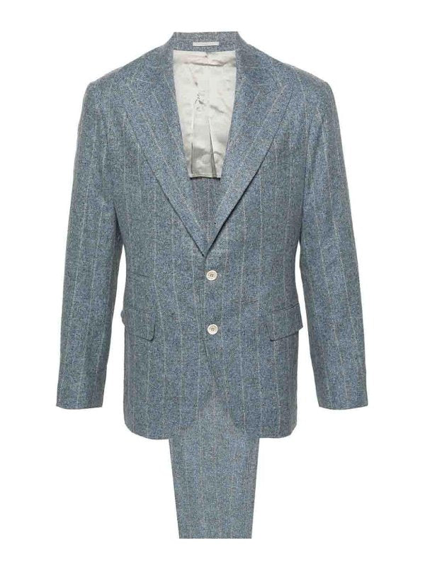 BRUNELLO CUCINELLI MEN'S SKY BLUE PINSTRIPE TAILORED SUIT