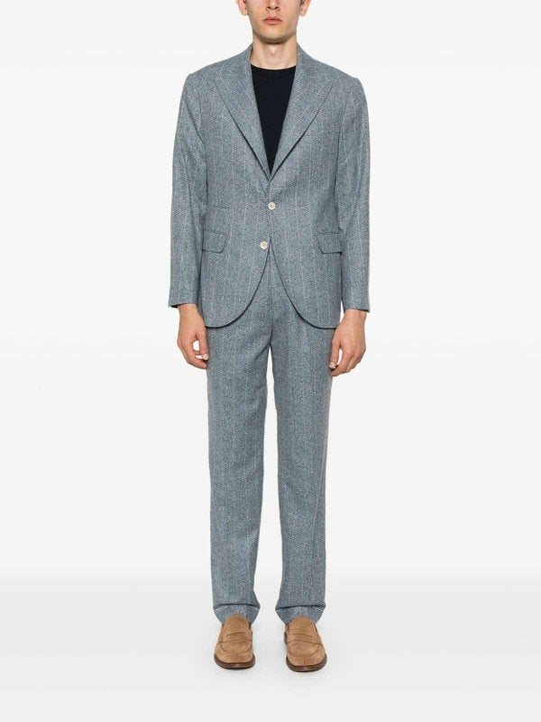 BRUNELLO CUCINELLI MEN'S SKY BLUE PINSTRIPE TAILORED SUIT