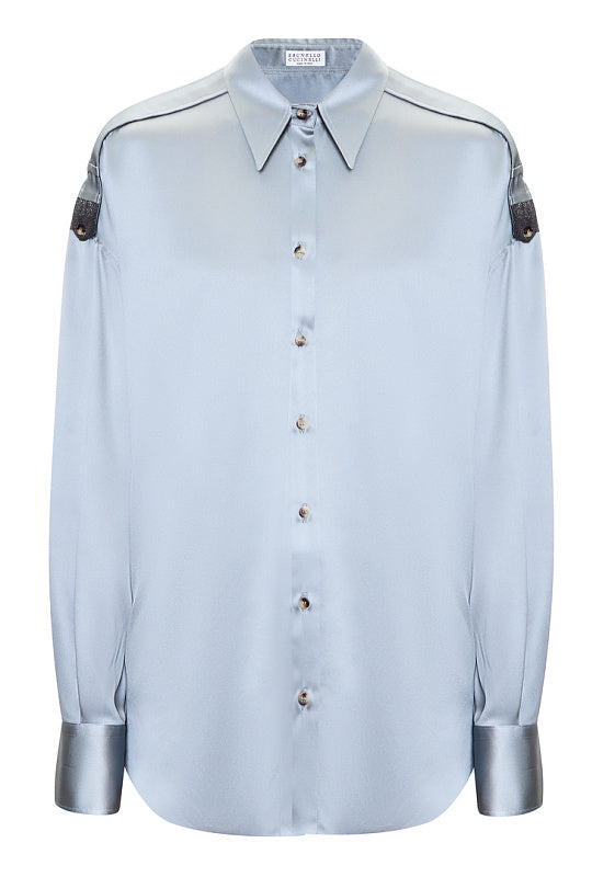 BRUNELLO CUCINELLI WOMEN'S GREY BLUE SATIN BUTTON-UP SHIRT