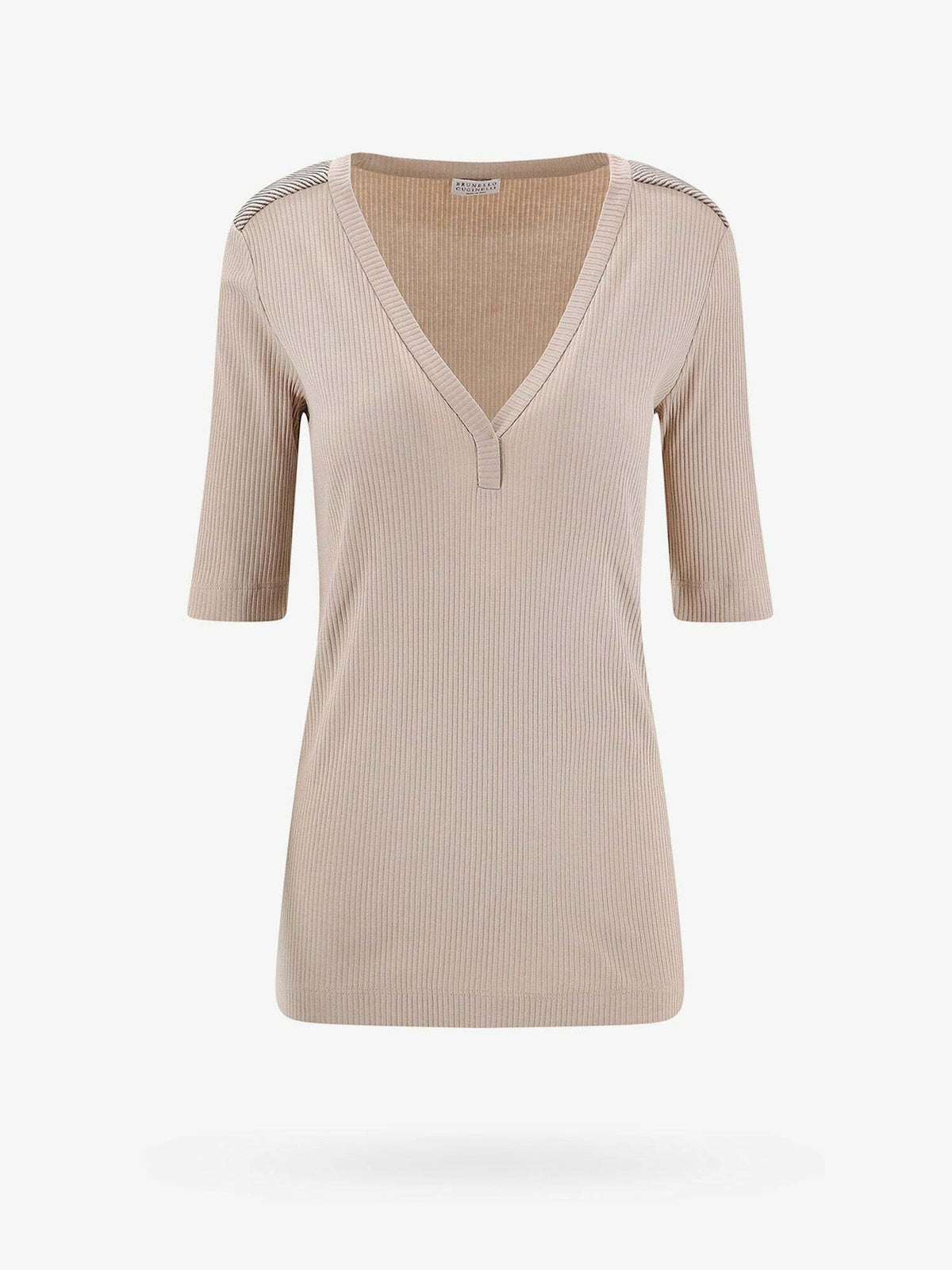 BRUNELLO CUCINELLI WOMEN'S BEIGE RIBBED V-NECK TOP