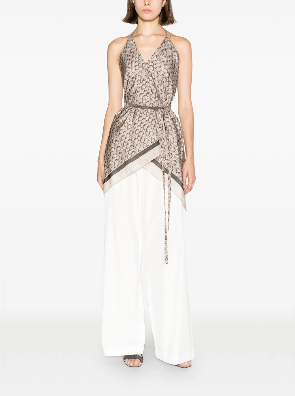 BRUNELLO CUCINELLI WOMEN'S BEIGE PATTERNED SILK CAMISOLE TOP