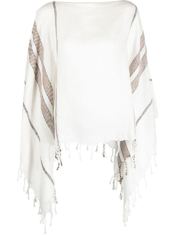 BRUNELLO CUCINELLI WOMEN'S WHITE BRONZE LINEN PONCHO WITH FRINGE