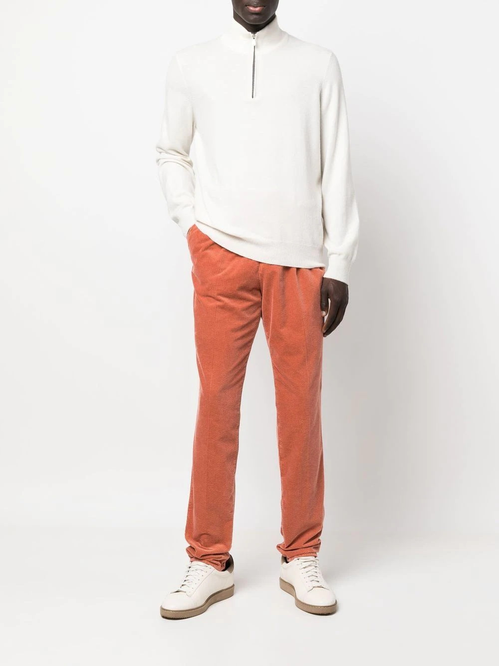 BRUNELLO CUCINELLI MEN'S ORANGE CORDUROY PLEATED TROUSERS