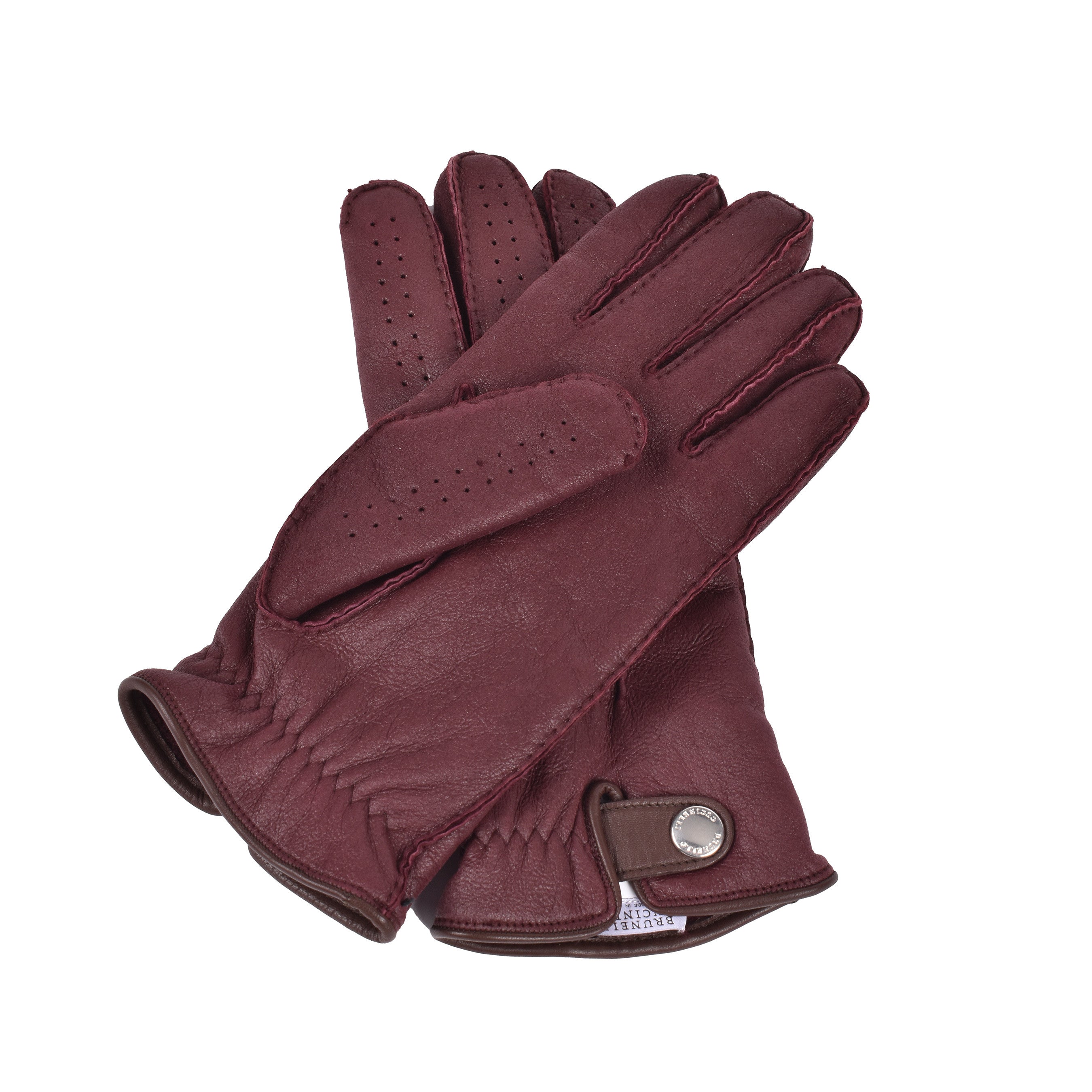 BRUNELLO CUCINELLI MEN'S MAROON LEATHER DETAILED GLOVES