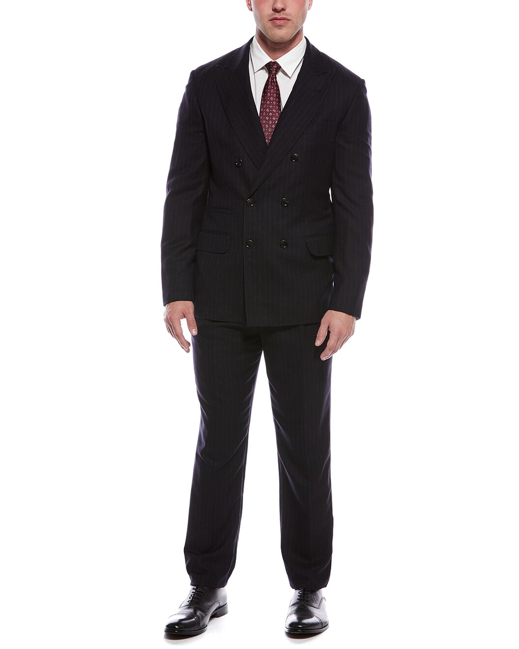 BRUNELLO CUCINELLI MEN'S NAVY DOUBLE-BREASTED PINSTRIPE SUIT