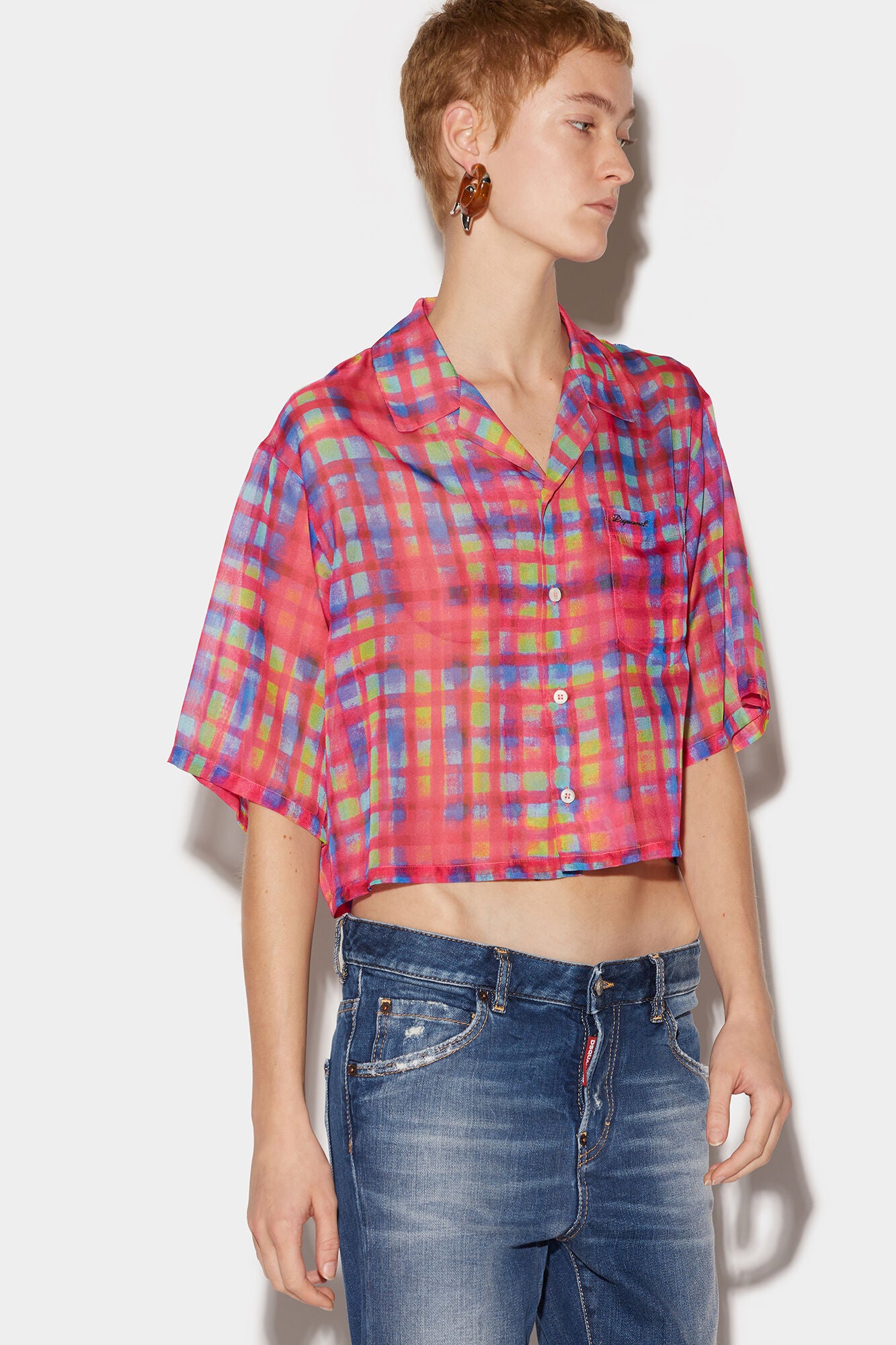 DSQUARED2 WOMEN'S MULTICOLOR PLAID CROPPED SHIRT