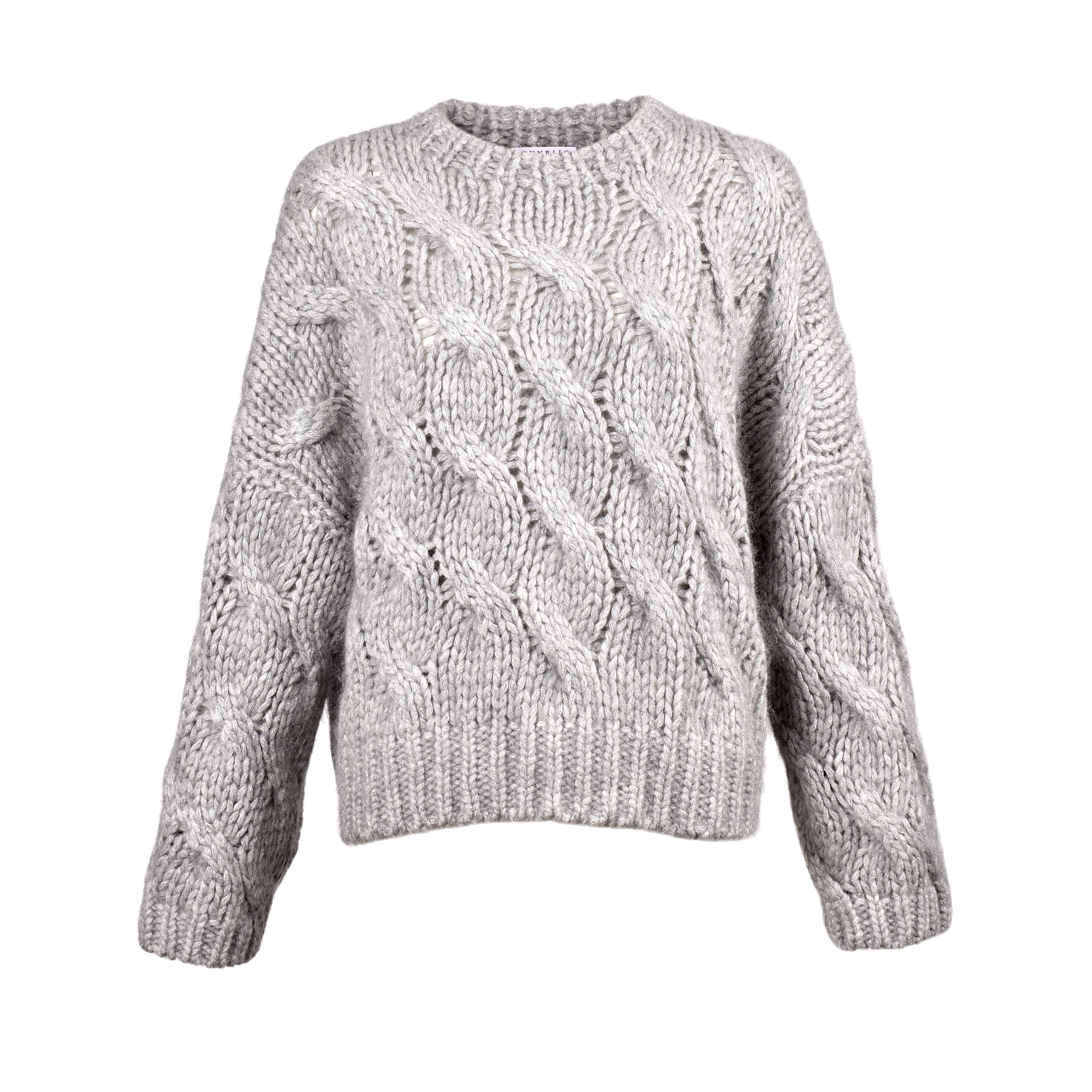 BRUNELLO CUCINELLI WOMEN'S LIGHT GREY WOOL CABLE KNIT SWEATER