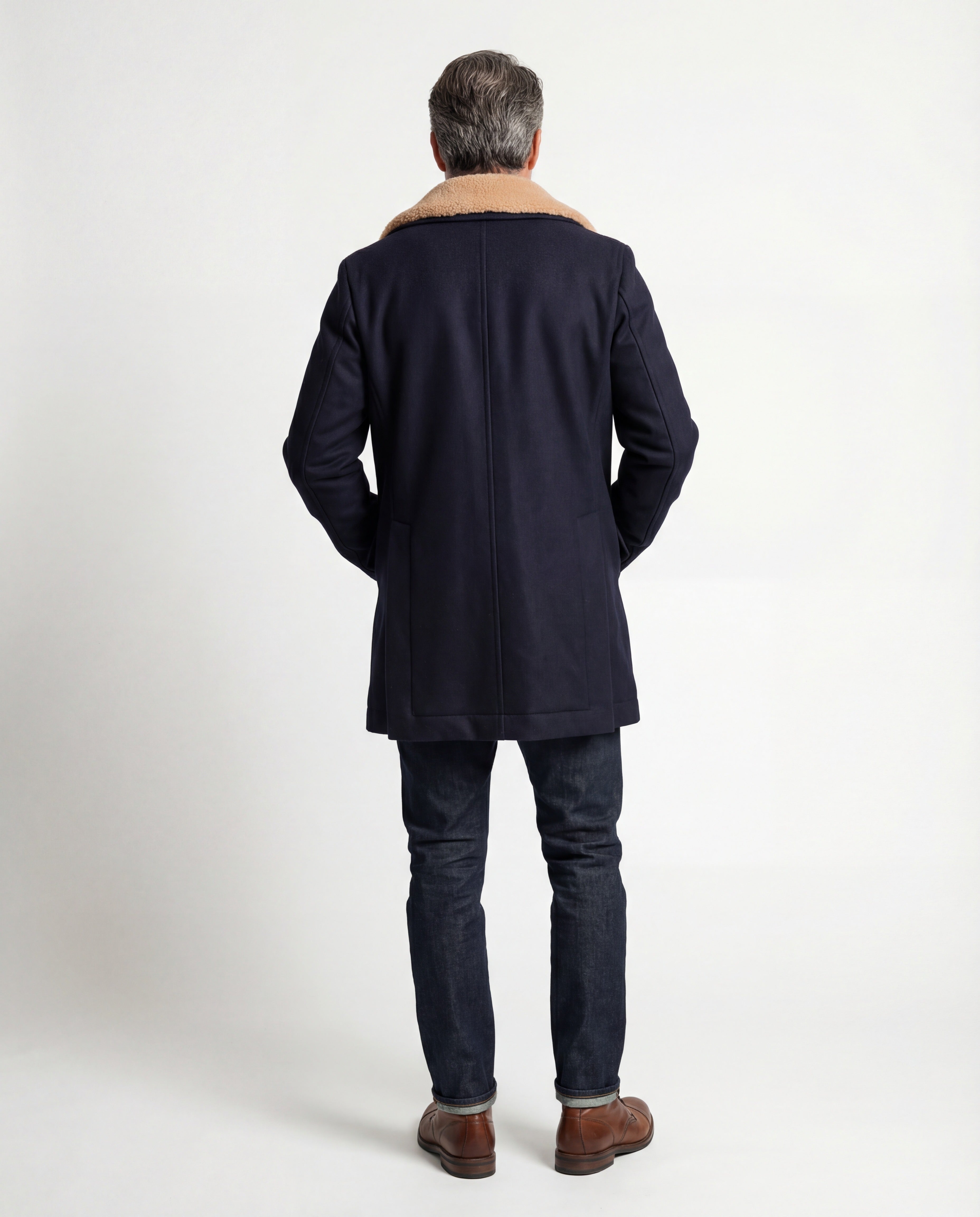 BRUNELLO CUCINELLI MEN'S NAVY CASHMERE PEA COAT WITH FUR COLLAR