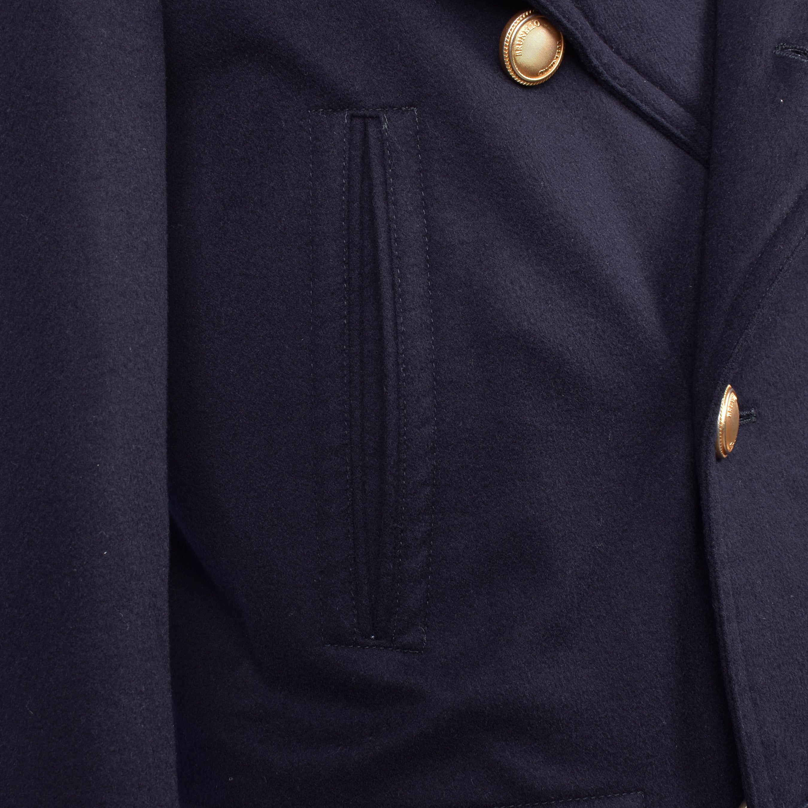 BRUNELLO CUCINELLI MEN'S NAVY CASHMERE PEA COAT WITH FUR COLLAR