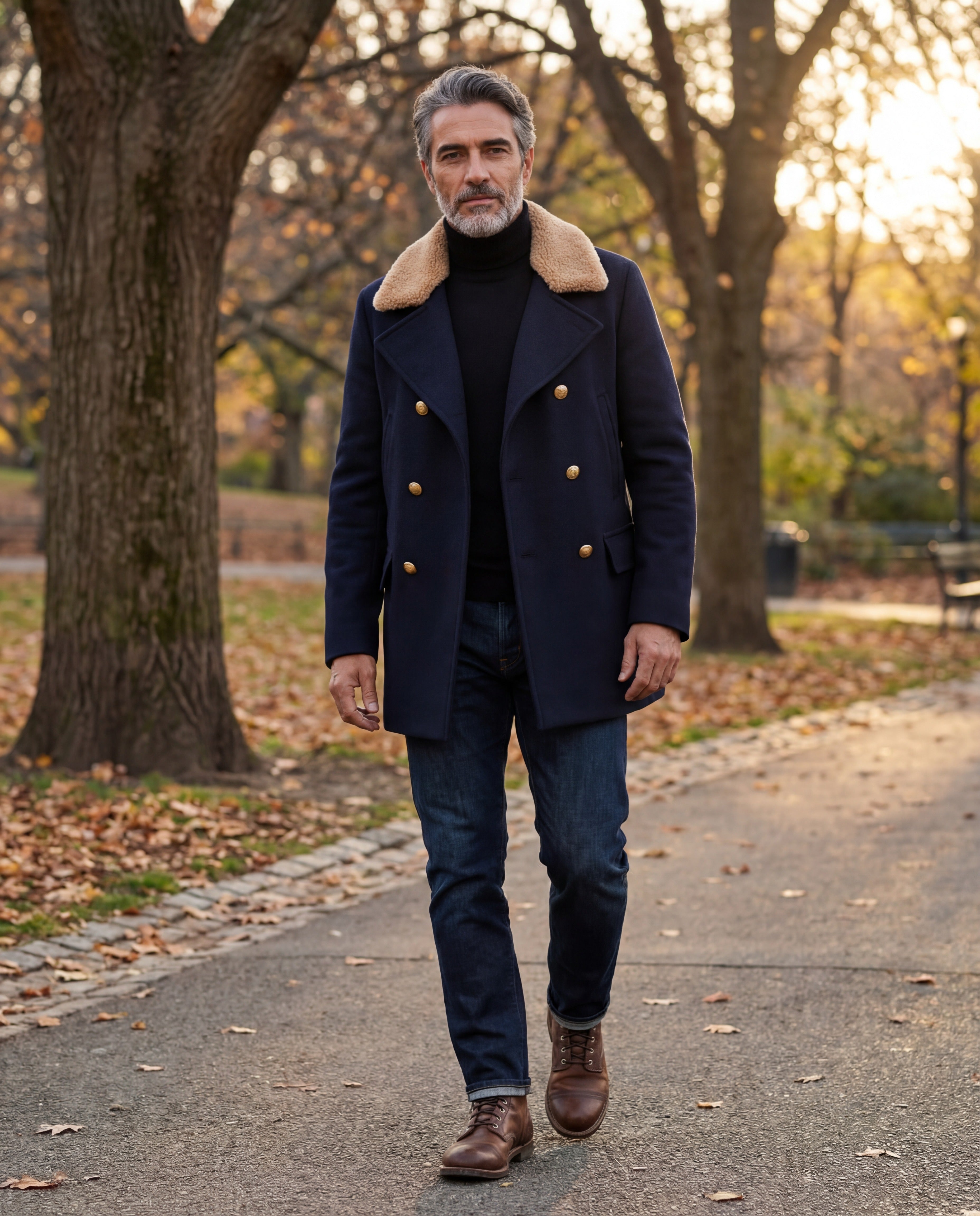 BRUNELLO CUCINELLI MEN'S NAVY CASHMERE PEA COAT WITH FUR COLLAR