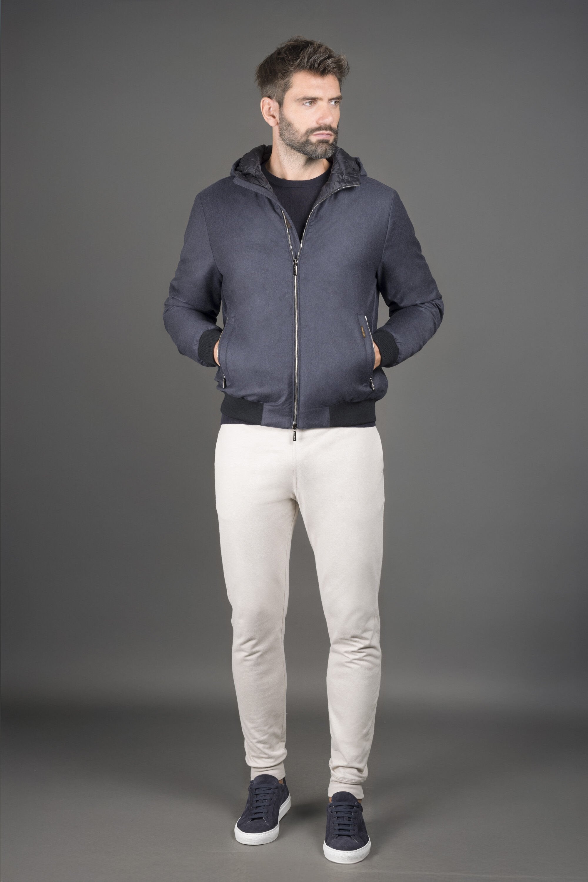 MOORER MEN'S DARK BLUE HOODED JACKET