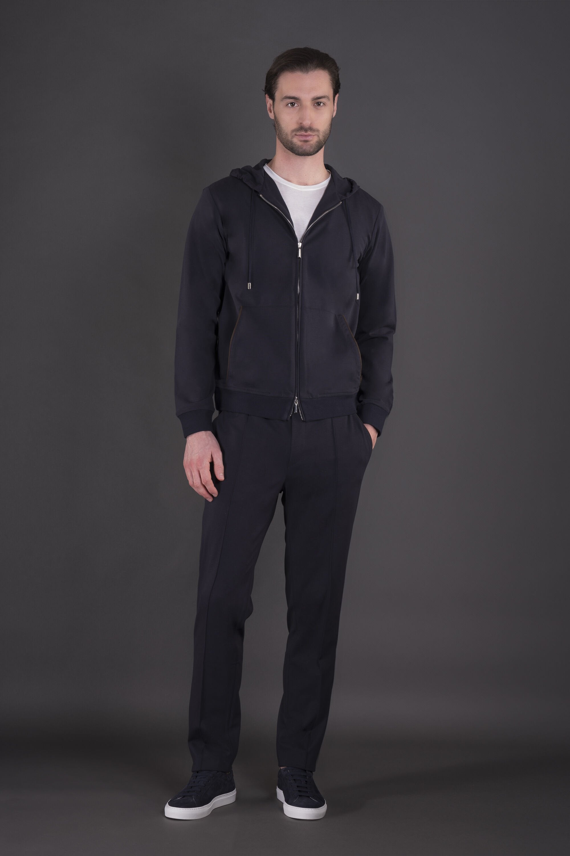 MOORER MEN'S NAVY ZIP-UP HOODIE JACKET