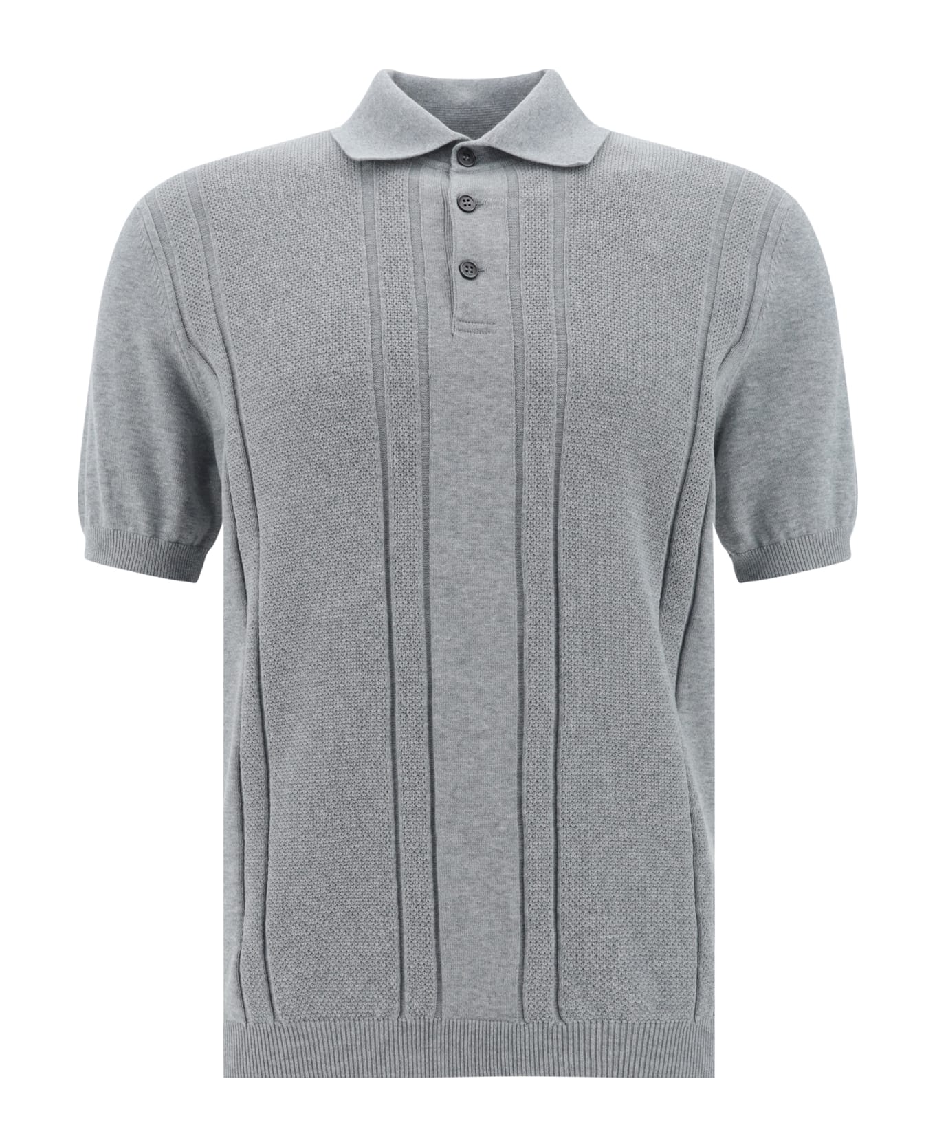 BRUNELLO CUCINELLI MEN'S LIGHT GREY TEXTURED KNIT POLO SWEATER