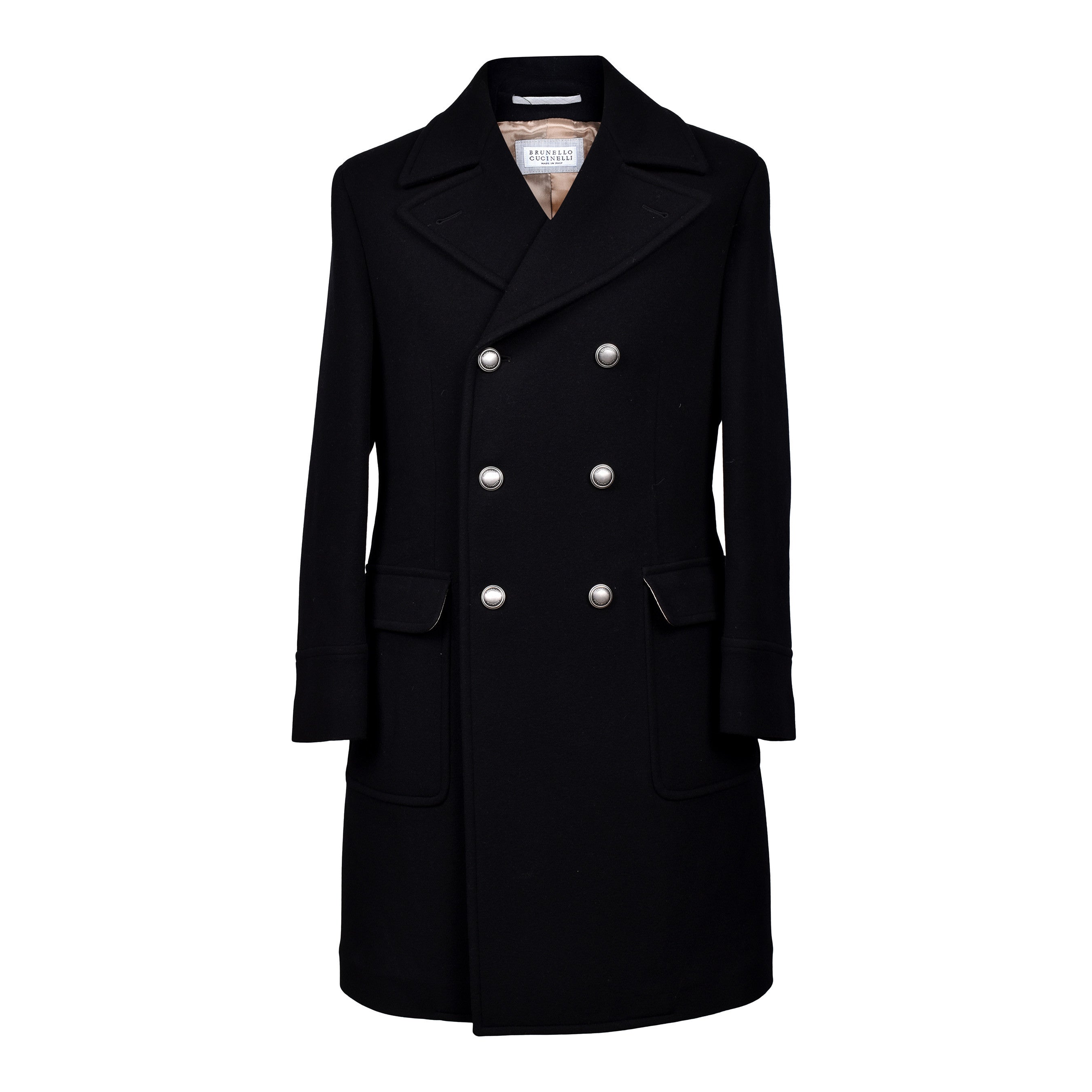 BRUNELLO CUCINELLI MEN'S BLACK CASHMERE BLEND DOUBLE-BREASTED OVERCOAT