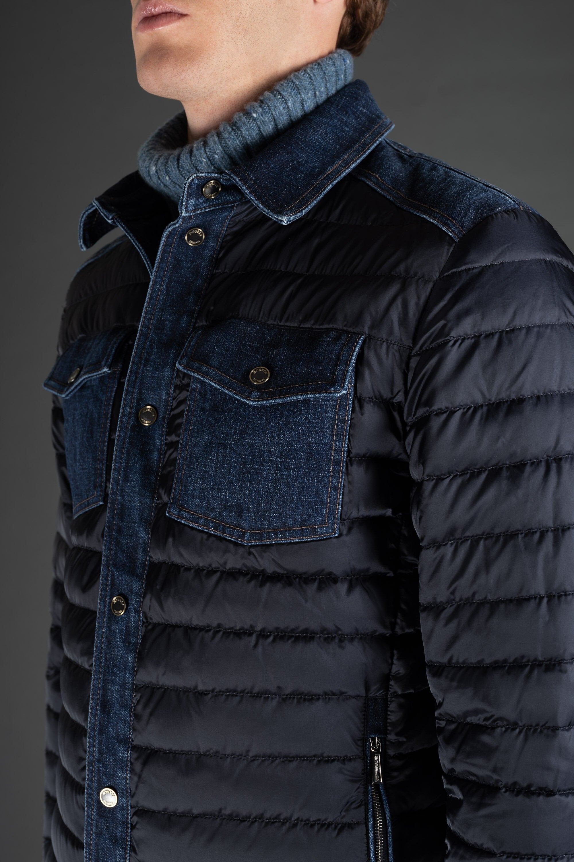 MOORER MEN'S NAVY QUILTED JACKET WITH DENIM ACCENTS