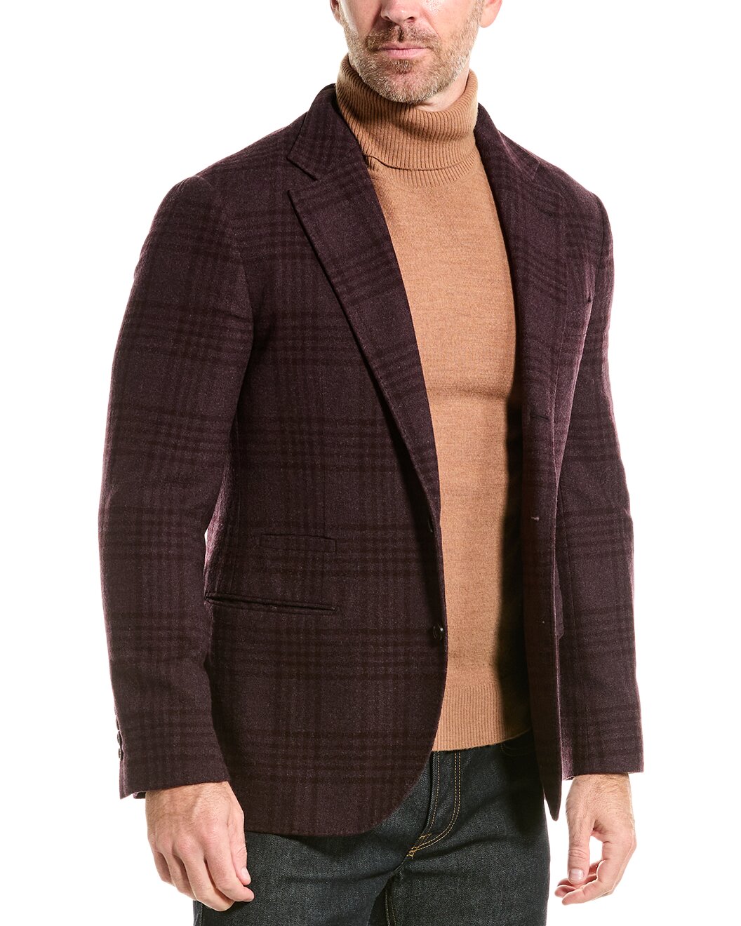 BRUNELLO CUCINELLI MEN'S PLUM WOOL BLEND PLAID BLAZER