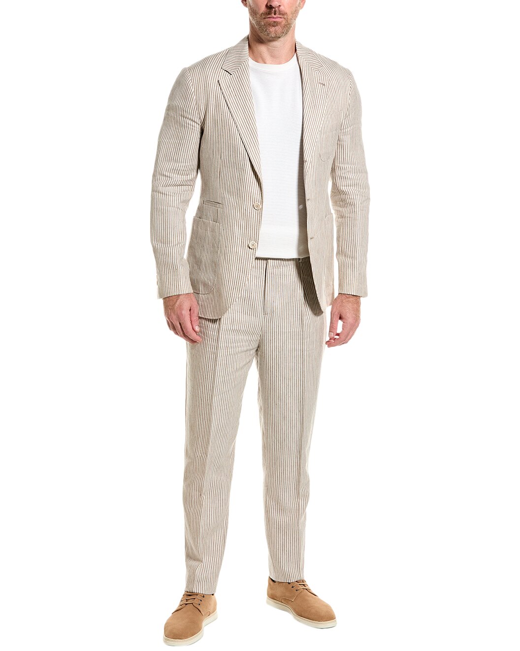 BRUNELLO CUCINELLI MEN'S BEIGE PINSTRIPE SUIT WITH BLAZER