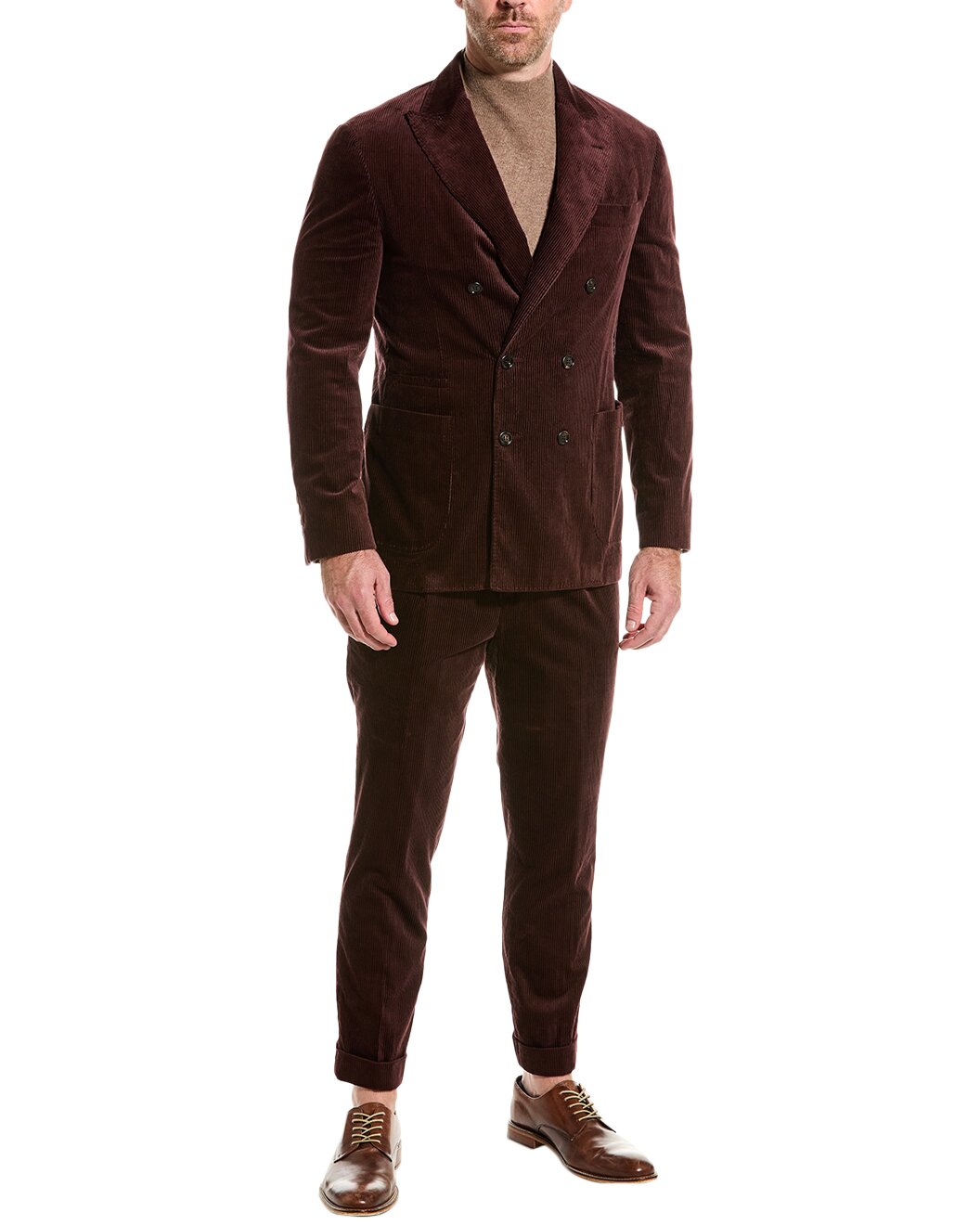 BRUNELLO CUCINELLI MEN'S PLUM DOUBLE-BREASTED CORDUROY SUIT