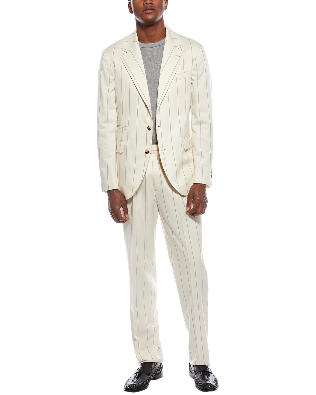BRUNELLO CUCINELLI MEN'S CREAM PINSTRIPE TAILORED SUIT