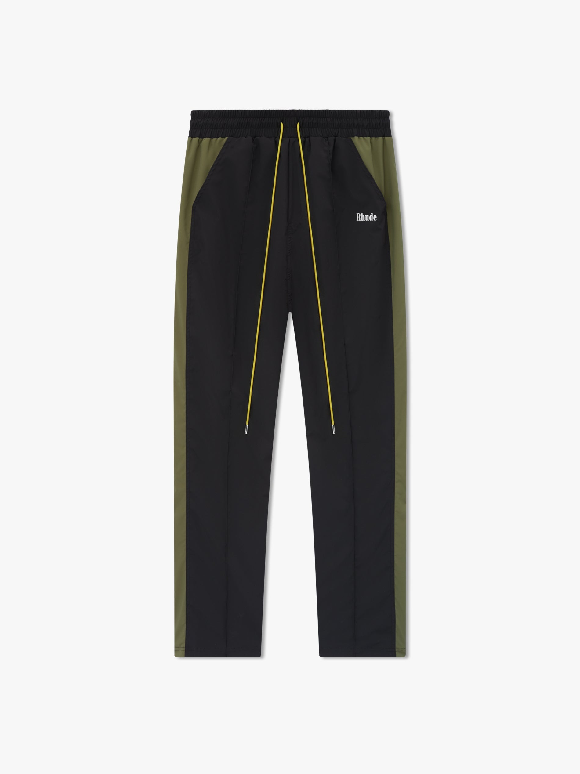 RHUDE MEN'S BLACK OLIVE TRACK PANTS WITH STRIPES