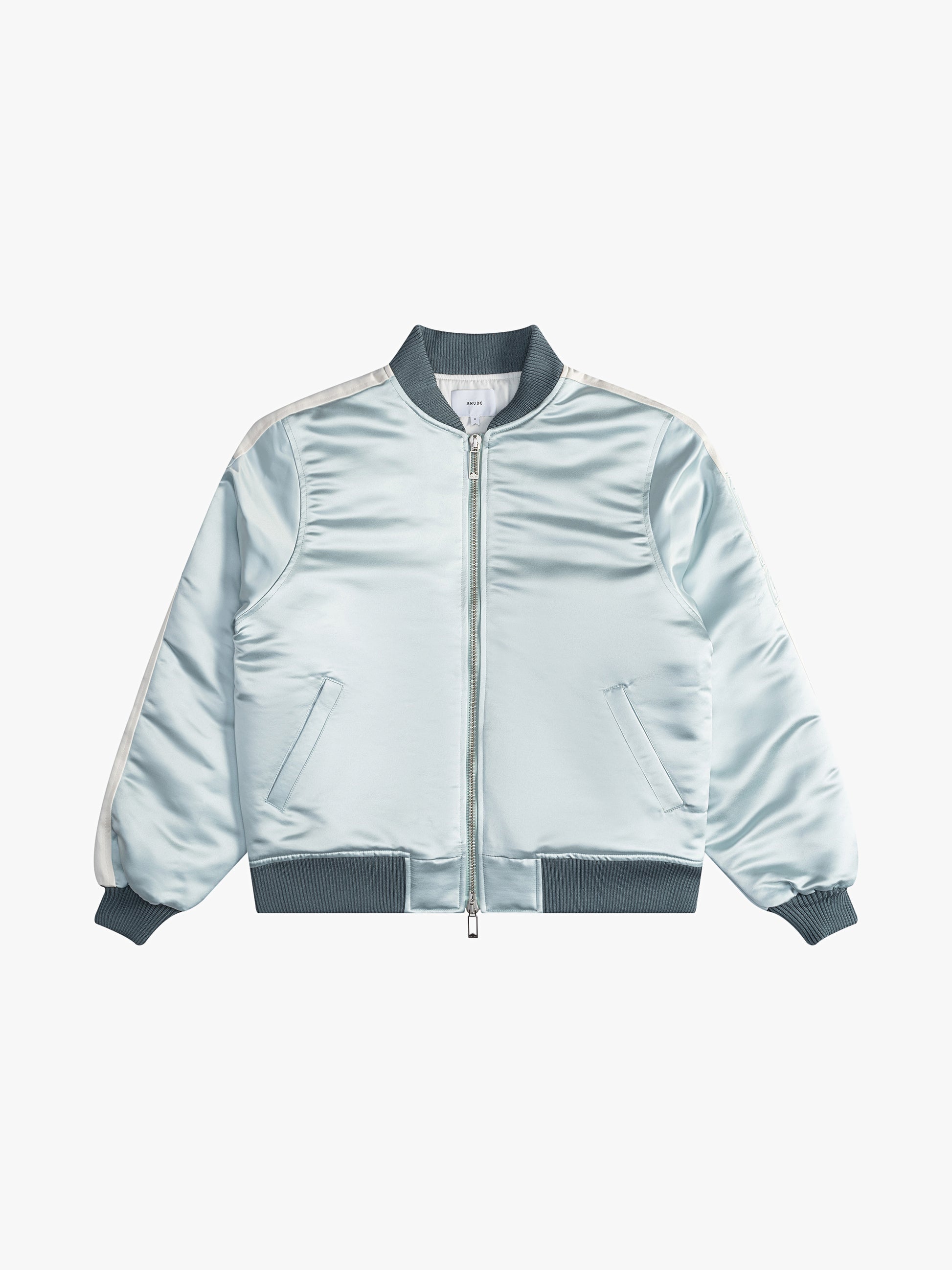 RHUDE MEN'S MINT CREAM SATIN BOMBER JACKET